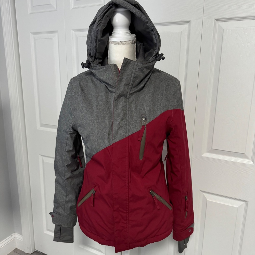 Turbine Womens Ski Snowboard Jacket Red Grey Colorblock Hooded Winter Coat Small
